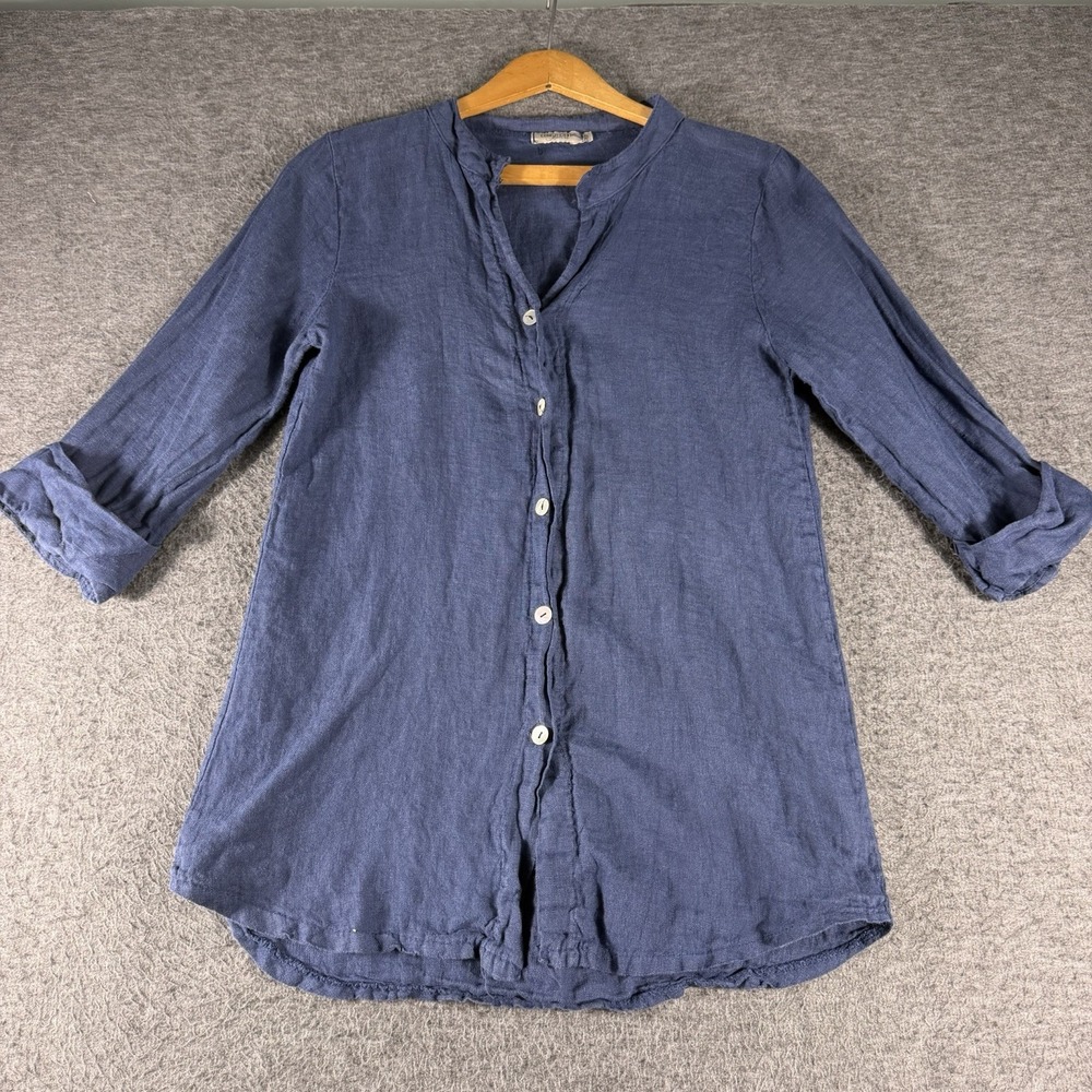 Lungo L'Arno 100% Linen Top Button Up Blouse Size M Navy Italy Coastal Old Money